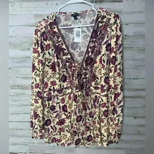 torrid Cream Floral Peasant Blouse with Plum Embroidery